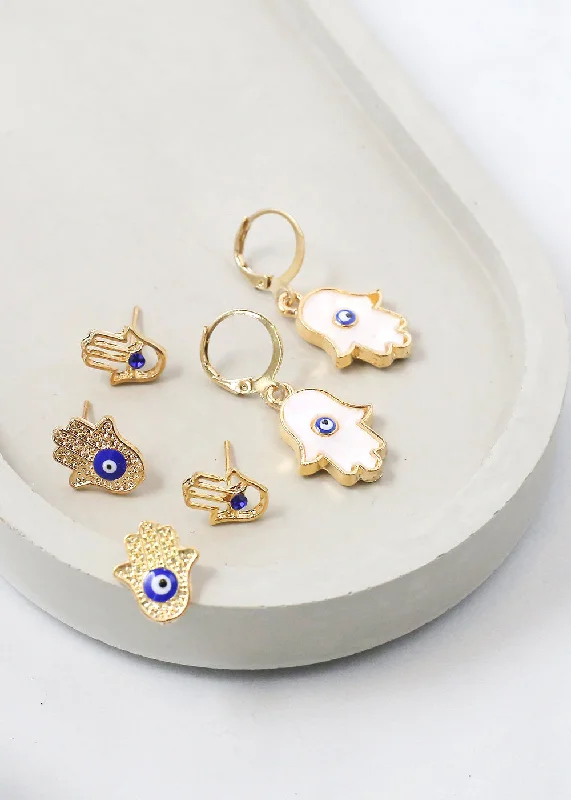 Ladies moonstone earrings-3 Pair Hamsa Hand + Evil Eye Earrings