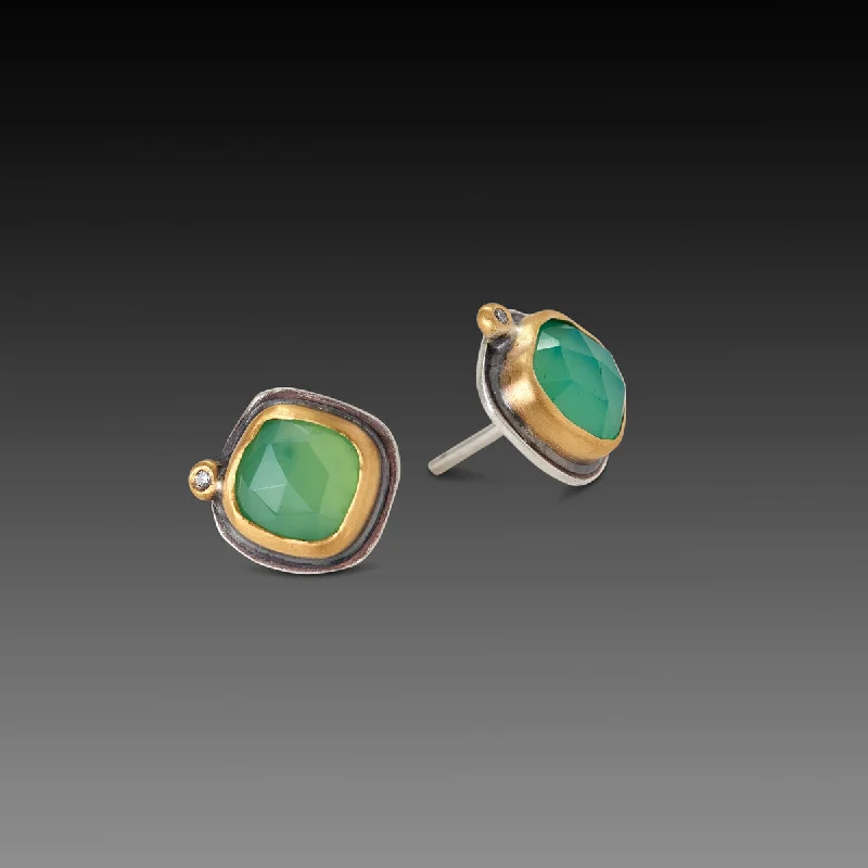 Ladies turquoise drop earrings-Square Chrysoprase Stud Earrings