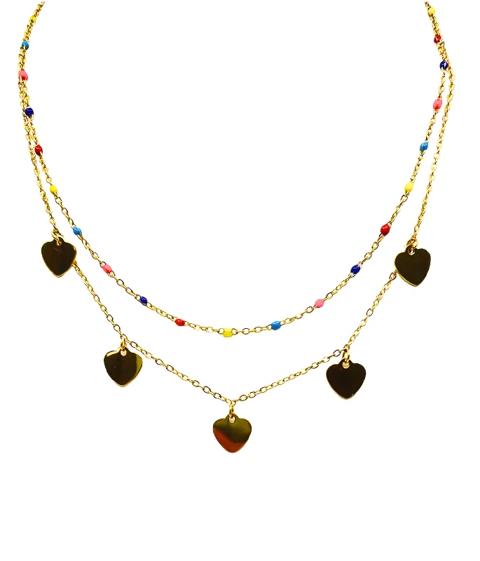 Ladies charm bead necklaces-The Hearts Double Gold Necklace