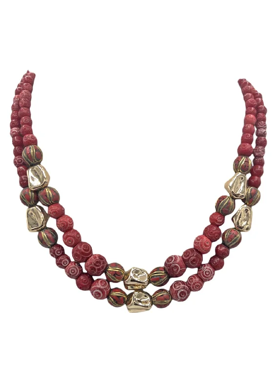 Ladies romantic necklaces-Tibetan Red Coral Gold Accent Double Strand Necklace