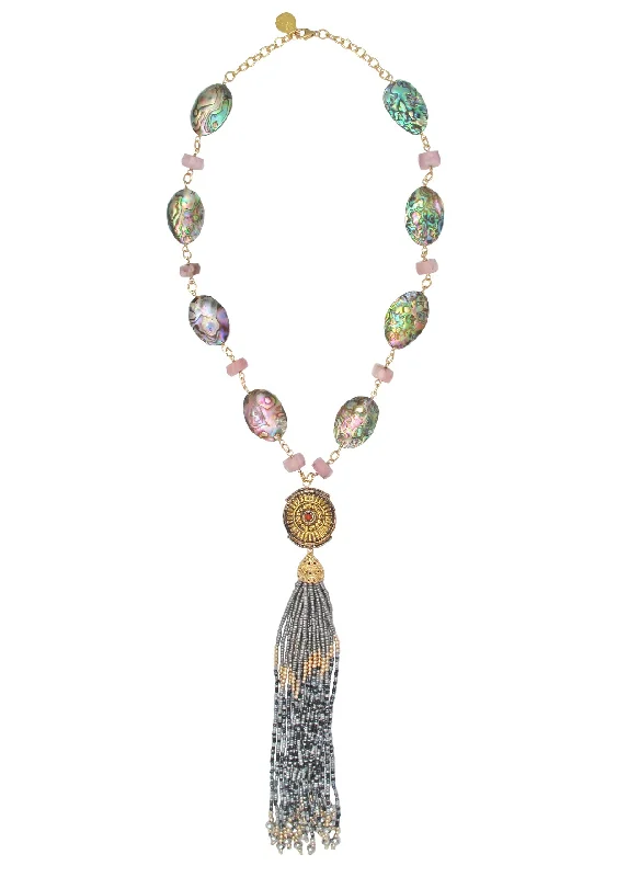 Ladies long necklaces-Abalone Pink Opal Accent Gray Tassel Necklace