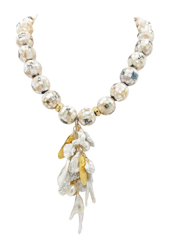 Ladies gold chain necklaces-MOP Freshwater Pearl and Gold Cluster Necklace