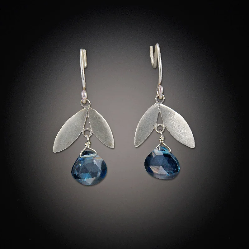 Ladies elegant stud earrings-Leaf Earrings with Blue Topaz Drops