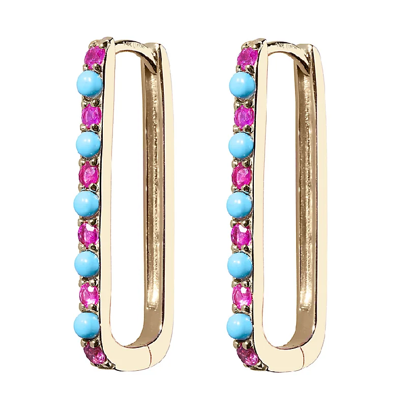 Ladies teardrop earrings-Turquoise & Pink Sapphire Large Paperclip Hoop Earring