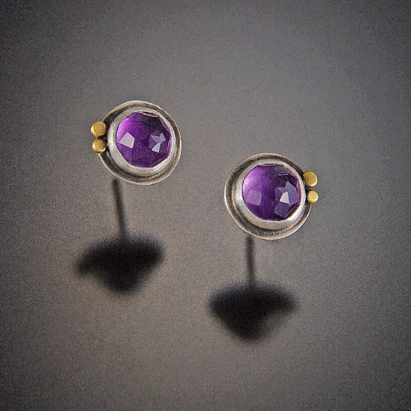 Ladies heart-shaped earrings-Round Amethyst Stud Earrings