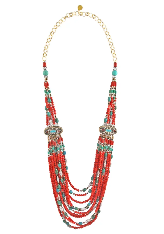 Ladies sapphire pendant necklaces-Multistrand Ethnic Coral Turquoise Necklace