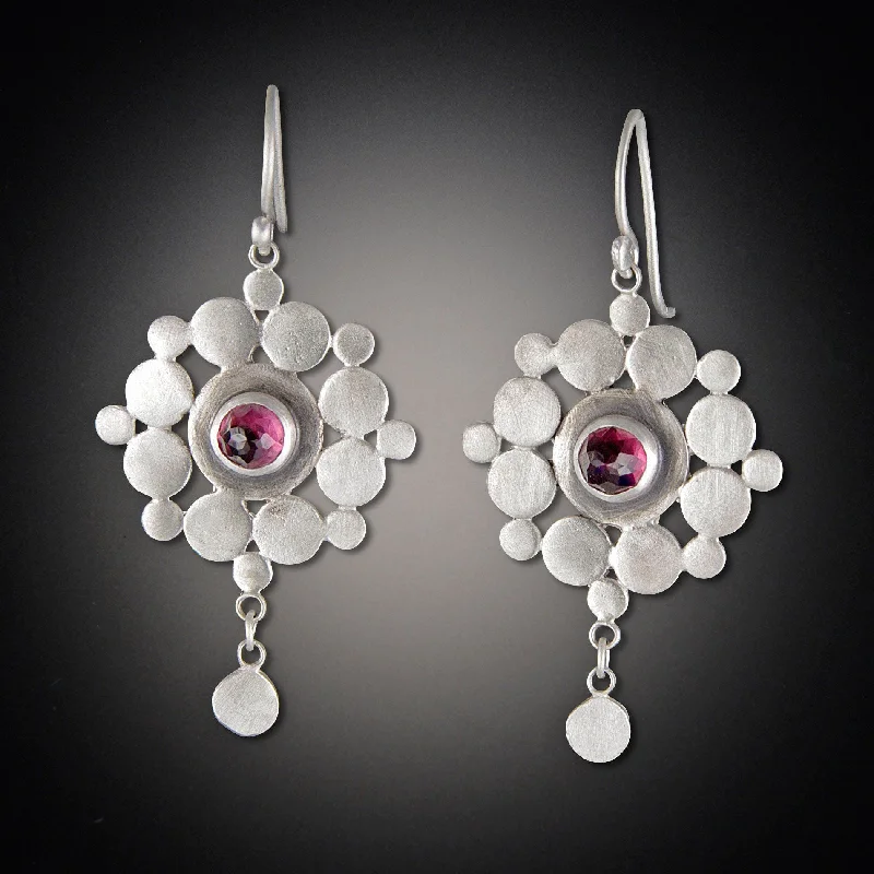 Ladies sterling silver diamond earrings-Garnet Mandala Earrings