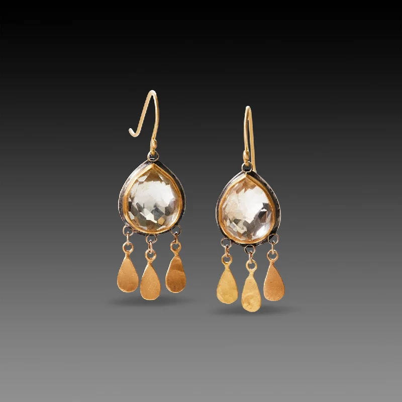 Ladies heart-shaped earrings-Clear Topaz Teardrop Earrings with 22k Gold Fringe