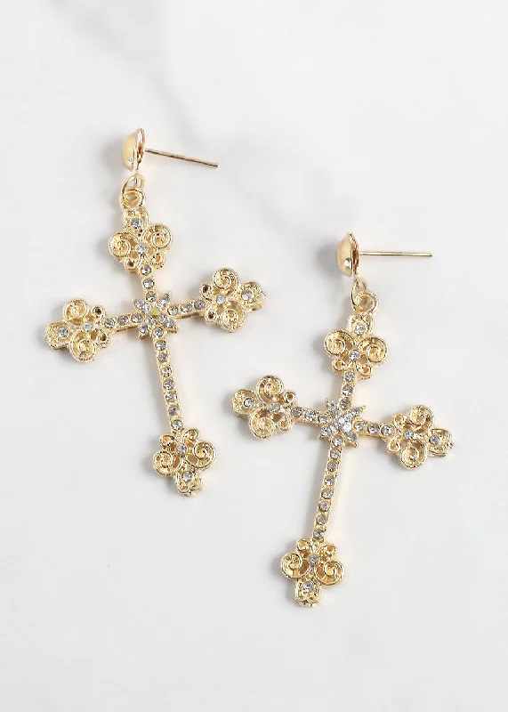 Ladies diamond earrings-Vintage Cross Dangle Earrings