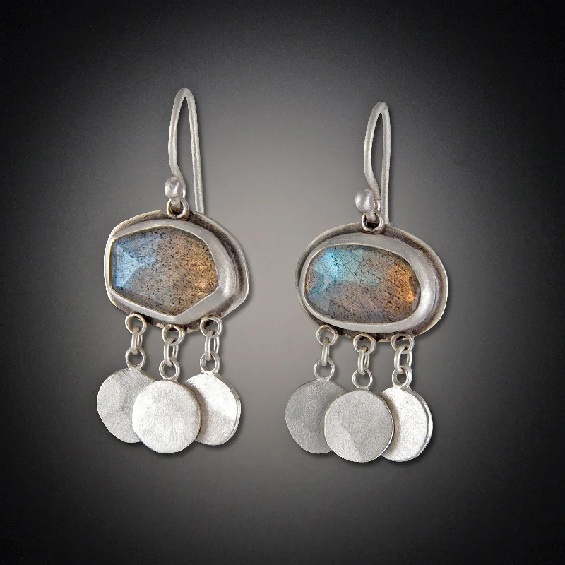 Ladies designer earrings-Labradorite Earrings with Hammered Disk Drops