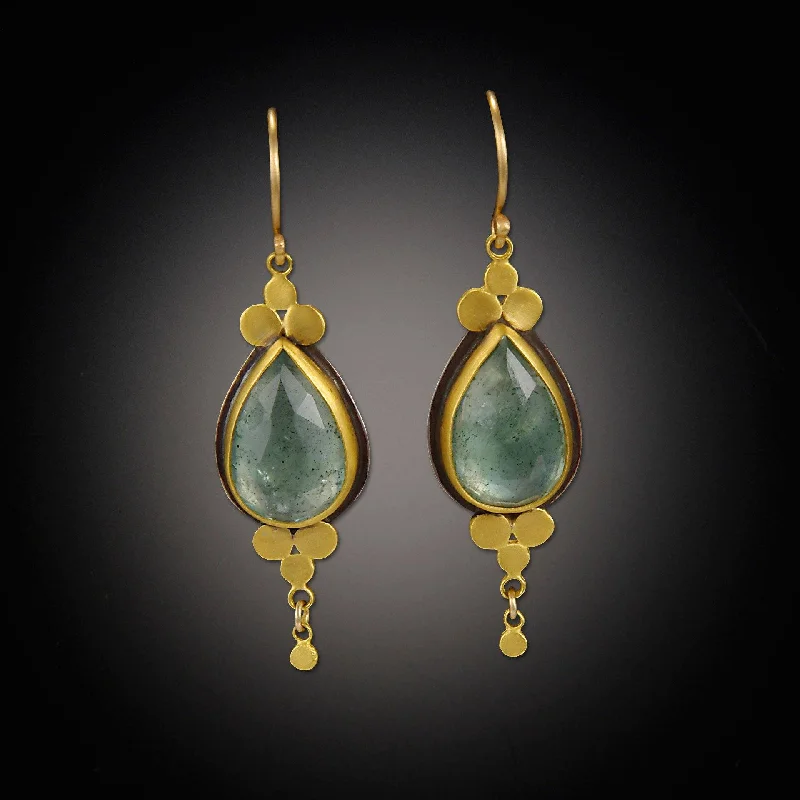 Ladies romantic earrings-Moss Aquamarine Earrings with Gold Trios