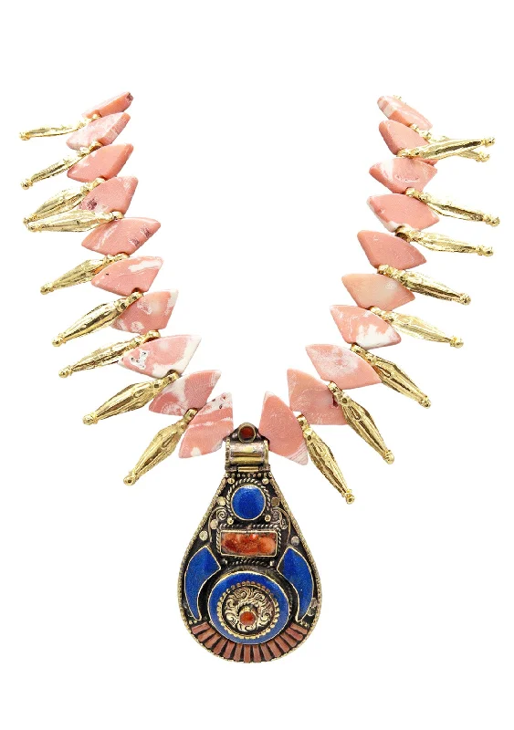 Ladies vintage-inspired necklaces-Pink CORAL Gold Ethnic Pendant Statement Necklace