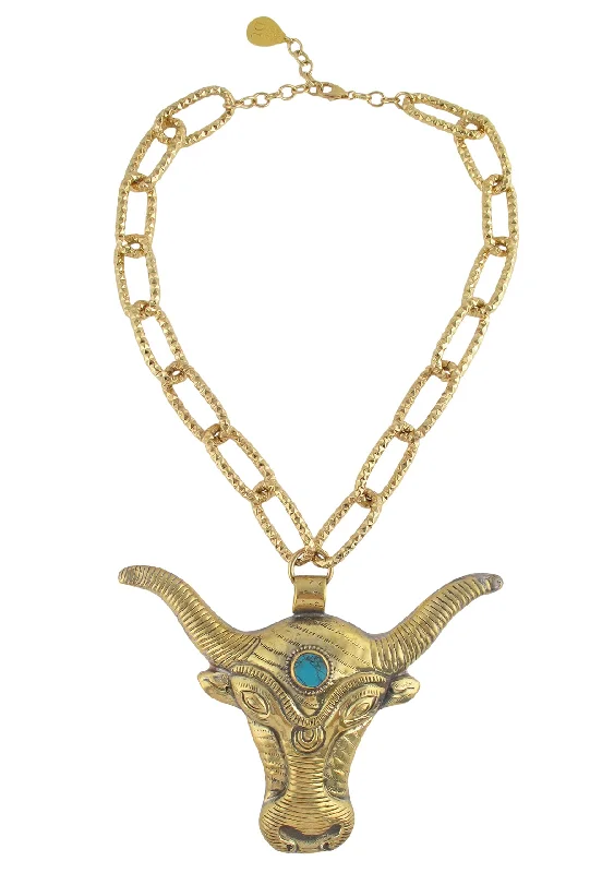 Ladies layered gold necklaces-Brass Bull Turquoise Pendant Necklace