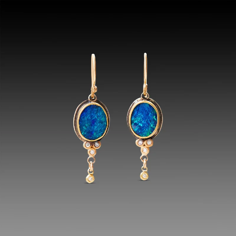 Ladies opal earrings-Australian Opal and Diamond Earrings