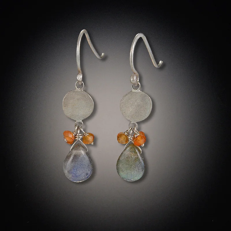 Ladies turquoise earrings-Single Disk with Labradorite Drop and Carnelian Clusters Earrings