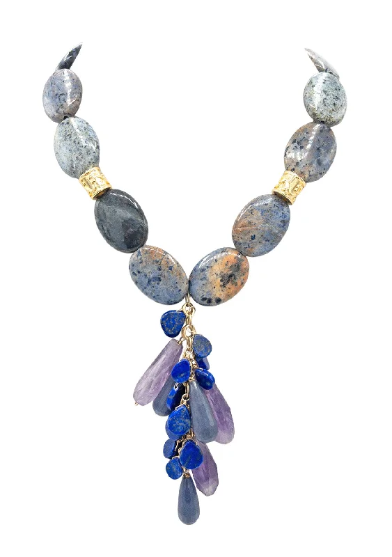 Ladies engagement necklaces-Denim Lapis Amethyst Cluster Pendant Necklace