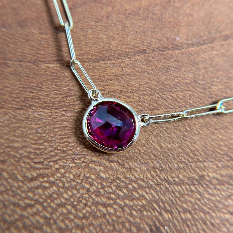 Ladies bohemian necklaces-Vintage Cushion Cut Ruby on 14K Paperclip Chain