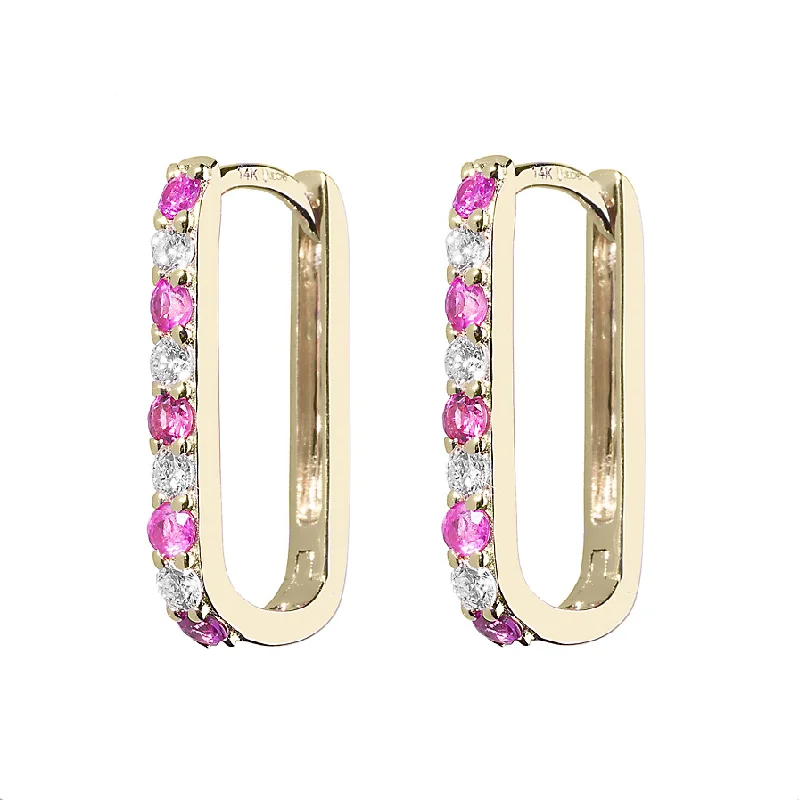 Ladies gold stud earrings-Diamond + Pink Sapphire Small Paperclip Hoop Earring