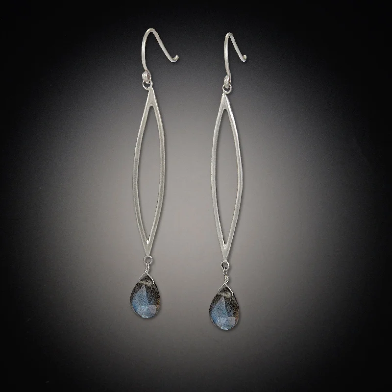 Ladies chain earrings-Long Open Leaf Earrings with Labradorite