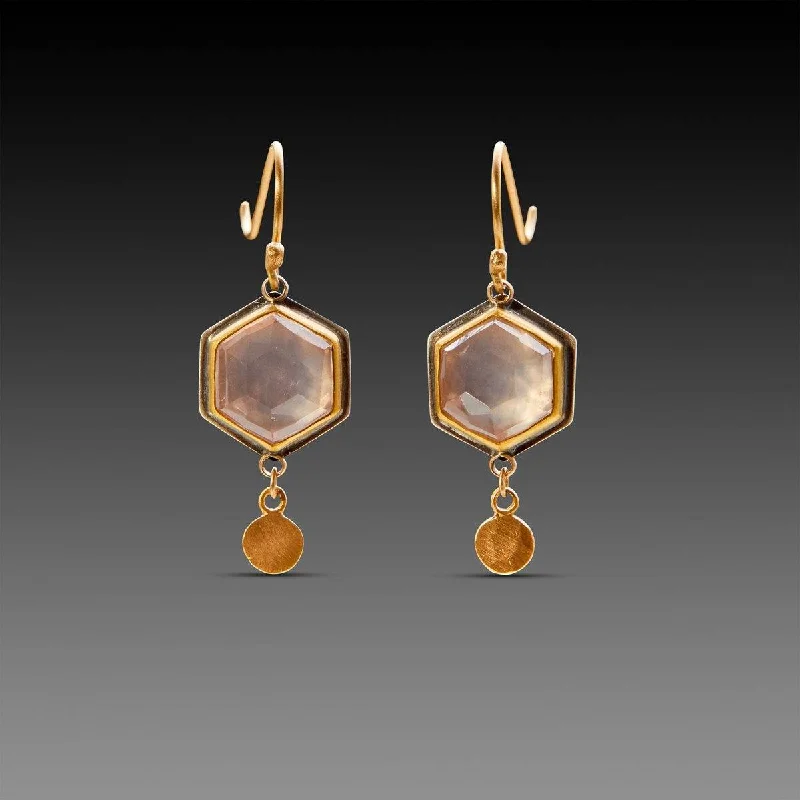 Ladies gold earrings-Rose Quartz Hexagon Earrings