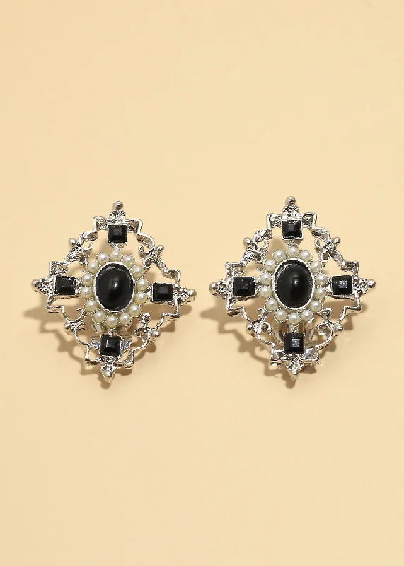 Ladies floral earrings-"Midnight Pearl" Clip Earrings