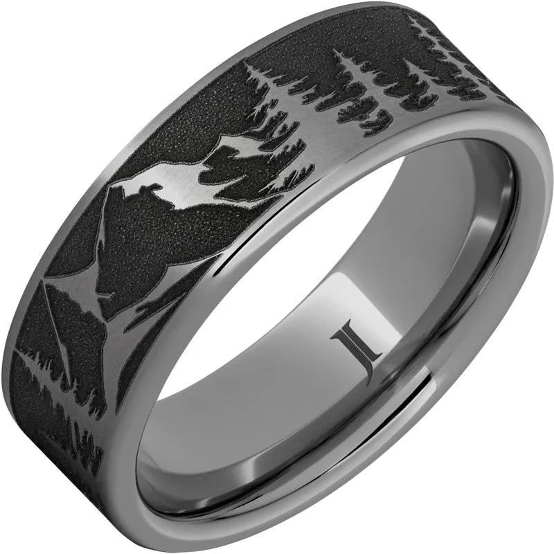 Ladies blue sapphire rings-Rugged Tungsten™ Mountain Pine Forest Scene Ring