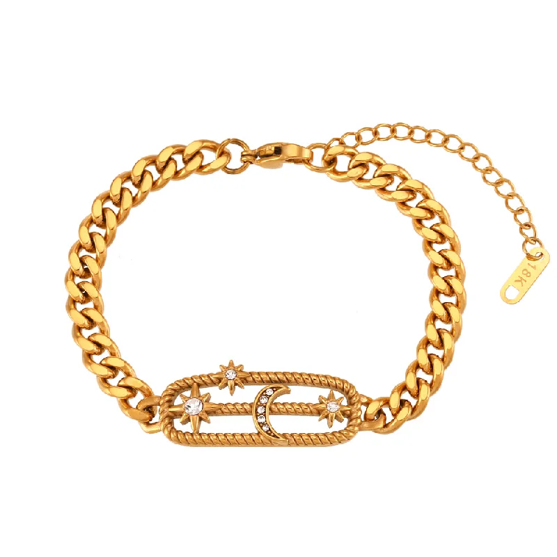 Hollow Hemp Pattern Rhinestone Star Moon Hollow Brand Cuban Link Chain Bracelet-Gold