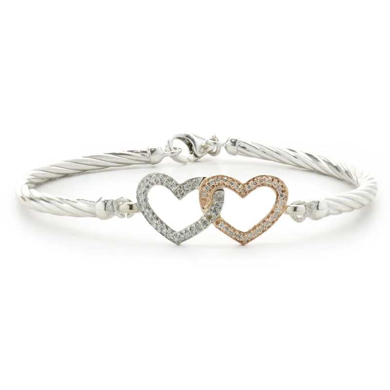 Ladies luxury bracelets-Sterling Silver & 14 Karat White & Rose Gold Double Diamond Heart Bangle Bracelet