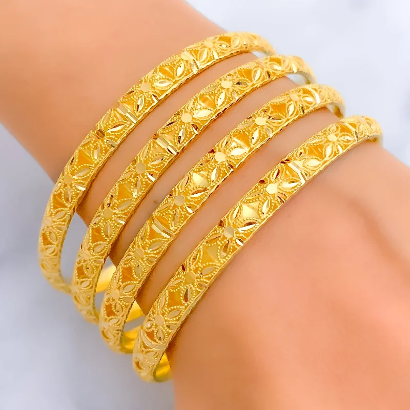 Ladies boho bracelets-Embellished Reflective Flower 21k Gold Bangles