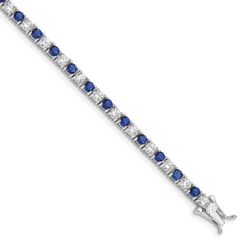 Ladies wide bracelets-Curata 925 Sterling Silver Polished Safety clasp Box Catch Closure Blue and White CZ Cubic Zirconia Simulated Diamond Bracelet 7