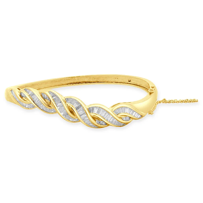 Ladies infinity bangles-18 Karat Yellow Gold Channel Set Baguette Cut Diamond Braided Bangle Bracelet