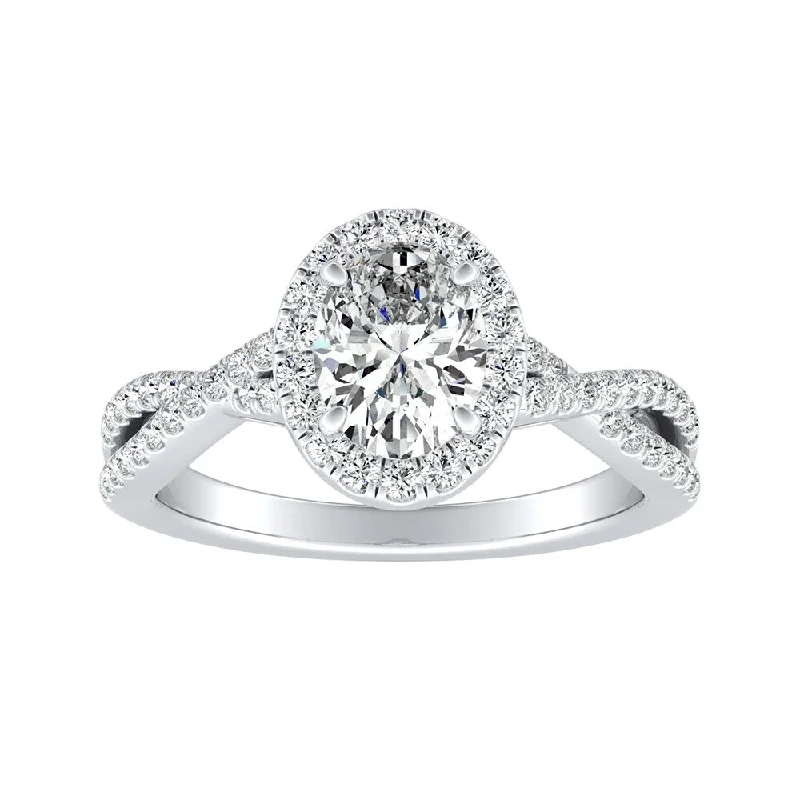 Ladies engagement rings with side stones-Auriya Platinum Twisted Oval-cut 5/8ctw Halo Diamond Engagement Ring