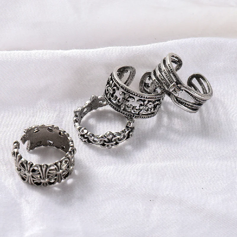 Ladies oval rings-Simple Hollow Ring Set Retro Metal Old Anchor Cross Ring Batch