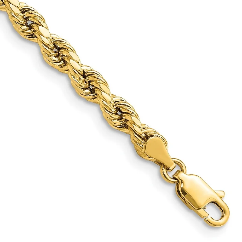 Ladies gold diamond bracelets-14k Yellow Gold 4mm Semi-solid Diamond-Cut Rope Chain Bracelet, 7"