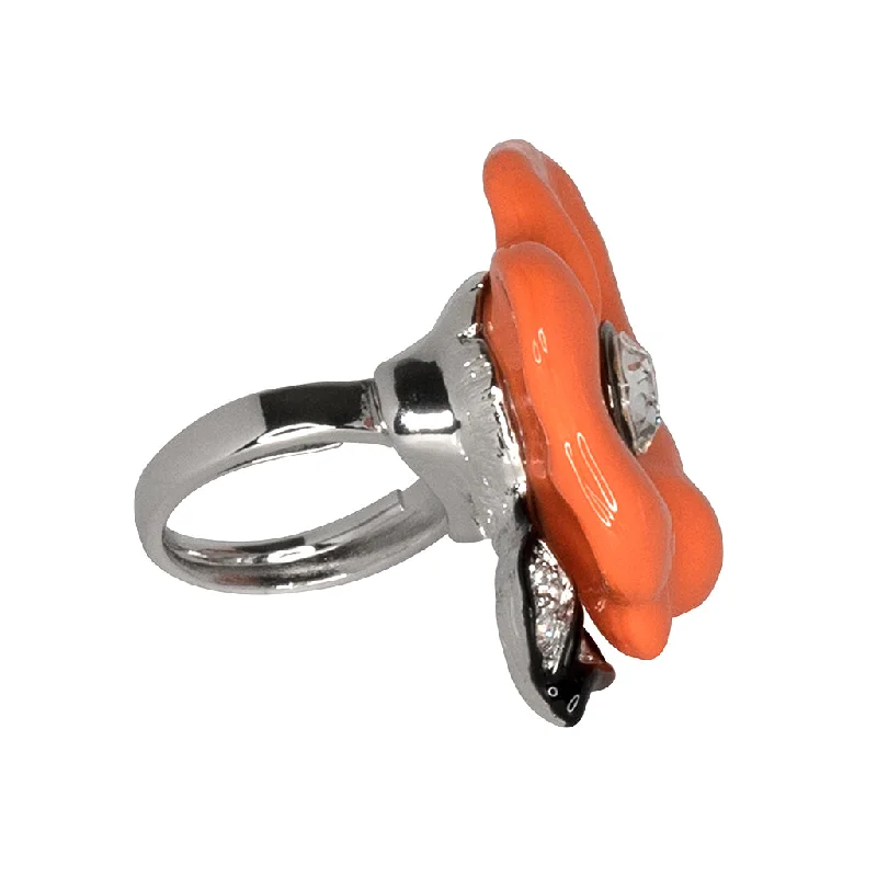 Ladies stackable wedding rings-Silver & Coral Flower Ring