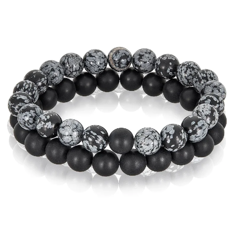 Ladies diamond bangles-Men's Snowflake Agate and Onyx Stone Stretch Bracelet Set