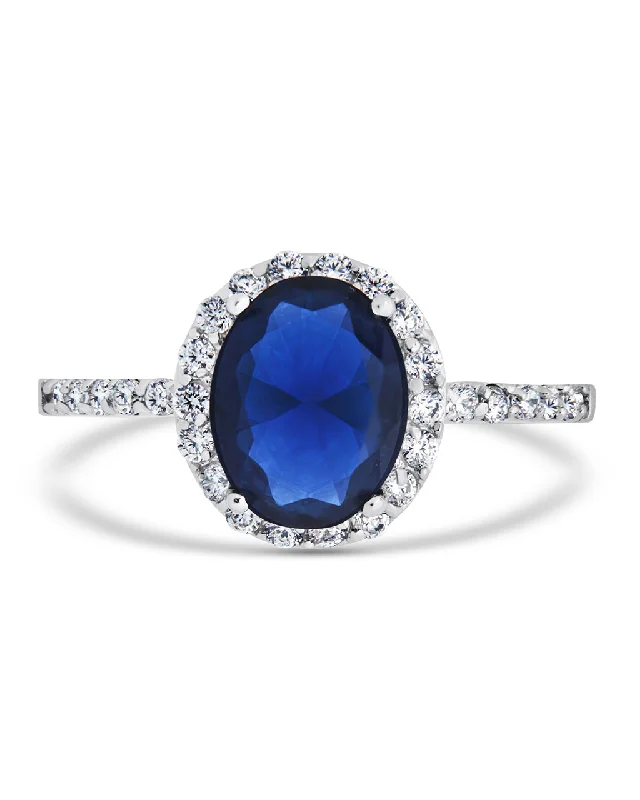 Ladies wedding band rings-Sterling Silver Sapphire CZ Halo Ring