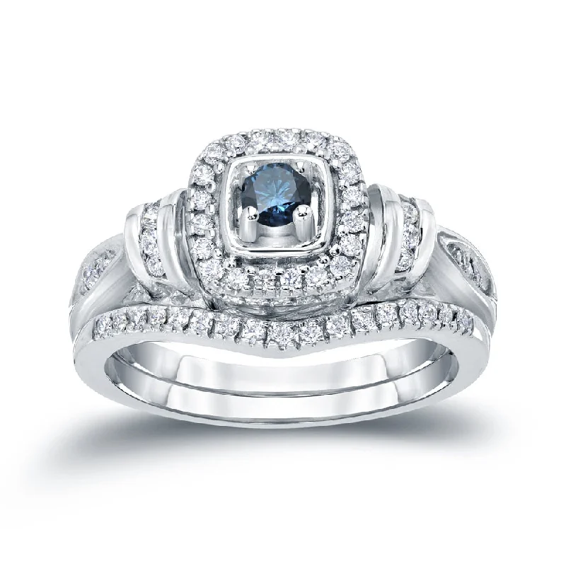 Ladies white diamond engagement rings-Auriya 1/2ctw Vintage Inspired Blue Halo Diamond Engagement Ring Set 14k Gold