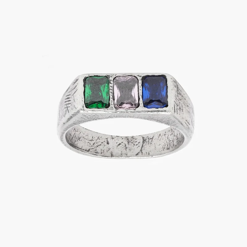 Ladies gold engagement rings-Trio Gemstone Sterling Silver Ring