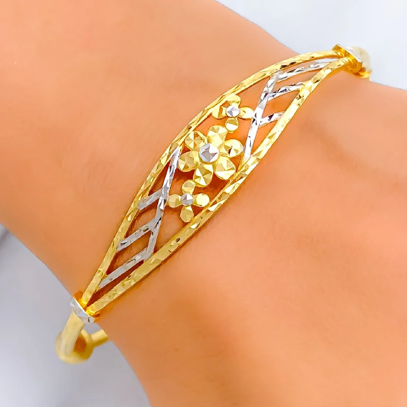 Ladies matching bracelets-Luminescent Two-Tone 22k Gold Floral Bangle Bracelet