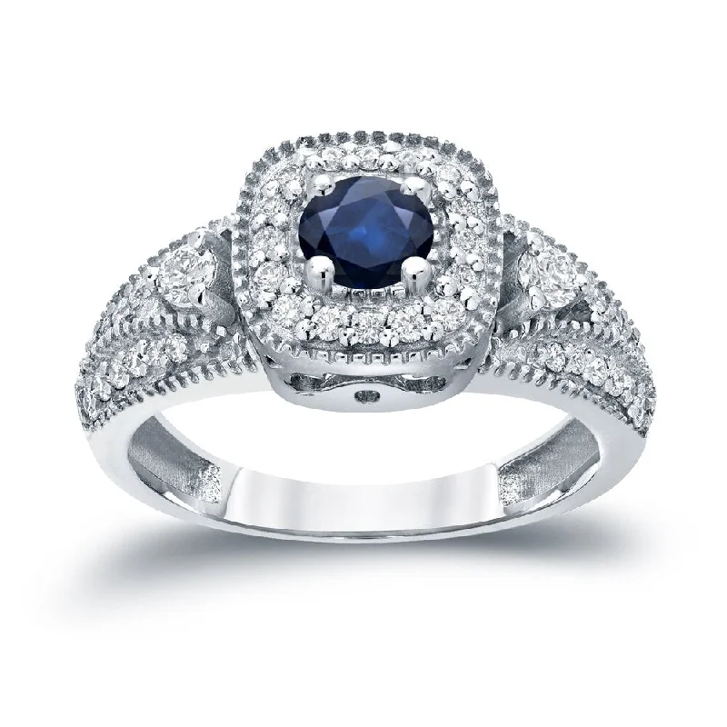 Ladies rose gold engagement rings with diamonds-Three Stone 1/5ct Blue Sapphire and 2/5ct TDW Diamond Halo Engagement Ring in 14k Gold by Auriya