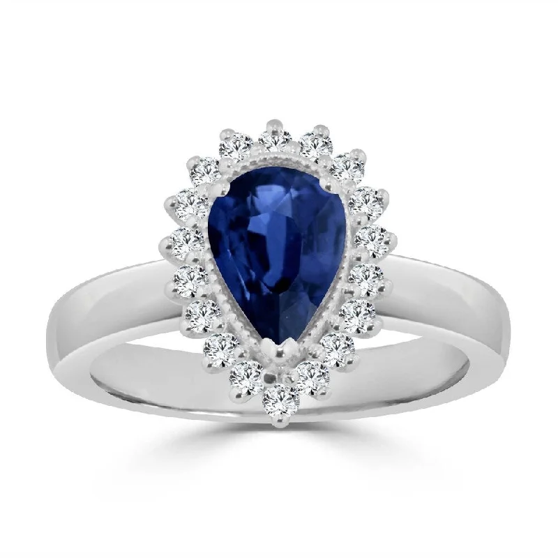 Ladies radiant cut engagement rings-Auriya 1 1/2ct Pear Shaped Blue Sapphire and 1/3ctw Halo Diamond Engagement Ring 14k Gold