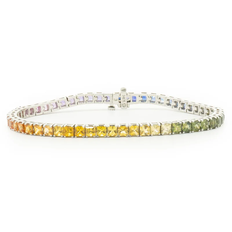 Ladies designer bracelets-14 Karat White Gold Rainbow Sapphire Inline Tennis Bracelet