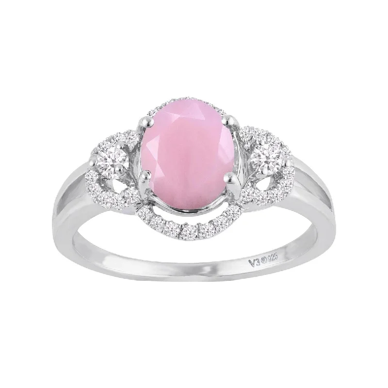 Ladies engagement rings with vintage design-Sterling Silver with Natural Pink Opal & White Zircon Engagement Ring