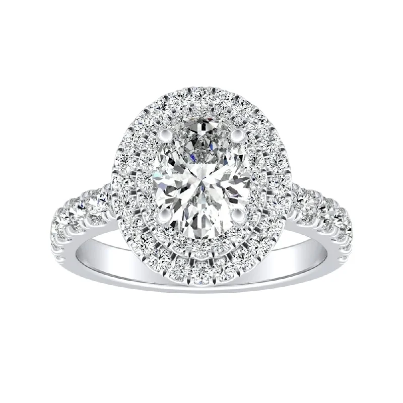 Ladies subtle engagement rings-Classic Oval Shape 1ctw Double Halo Diamond Engagement Ring Platinum by Auriya