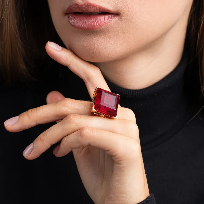 Ladies pink sapphire rings-Ruby Square Stone Ring