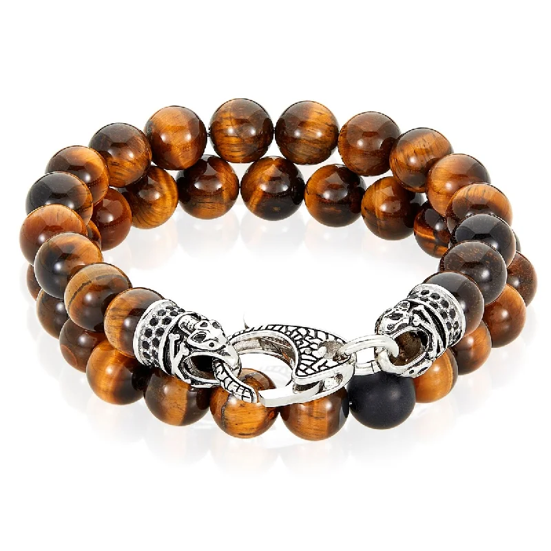 Ladies silver charm bracelets-Men's Stainless Steel and Tiger's Eye Stone Bracelet Set