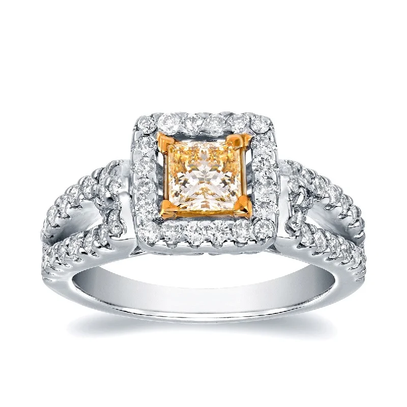 Ladies cushion cut engagement rings-Auriya Platinum 1 2/5ctw Princess-cut Yellow Diamond Engagement Ring (H-I, SI1-SI2)