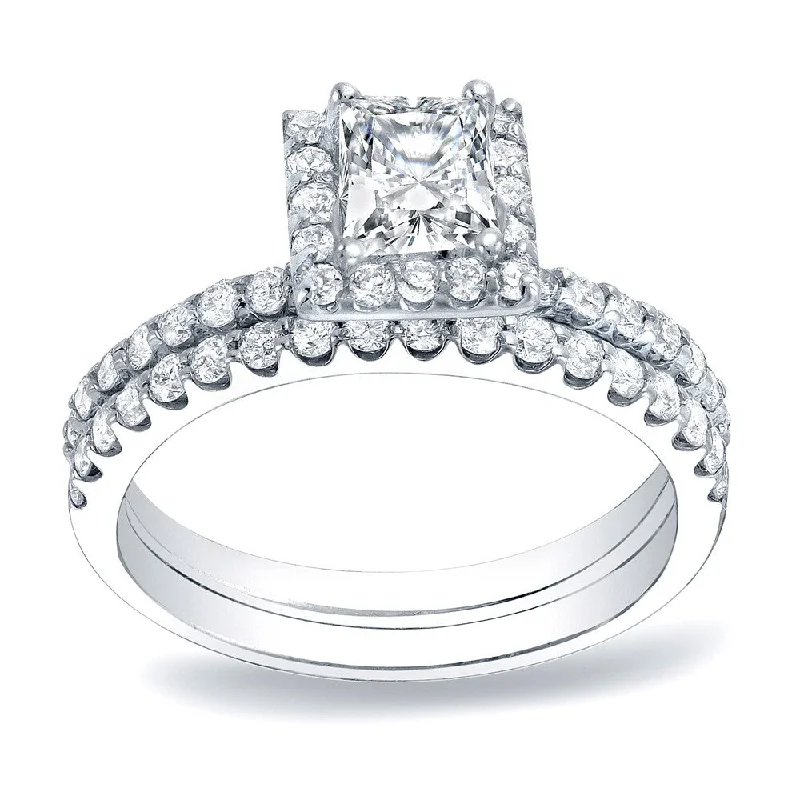 Ladies custom-designed engagement rings-Platinum 1 1/4ct TDW Princess Cut Diamond Halo Engagement Ring Set by Auriya