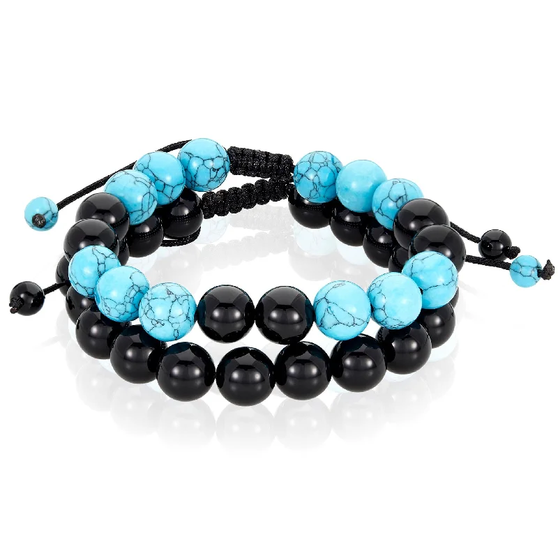 Ladies adjustable bangles-Men's Turquoise and Onyx Stone Adjustable Bracelet Set